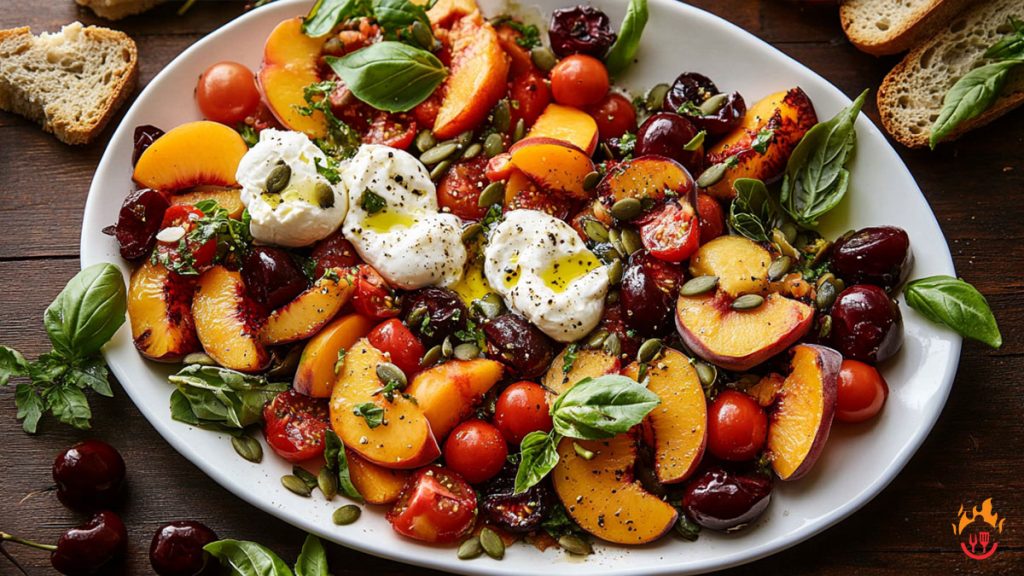 tomato peach burrata salad