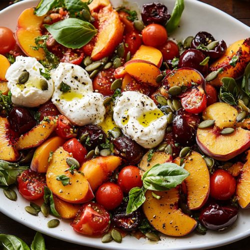 tomato peach burrata salad